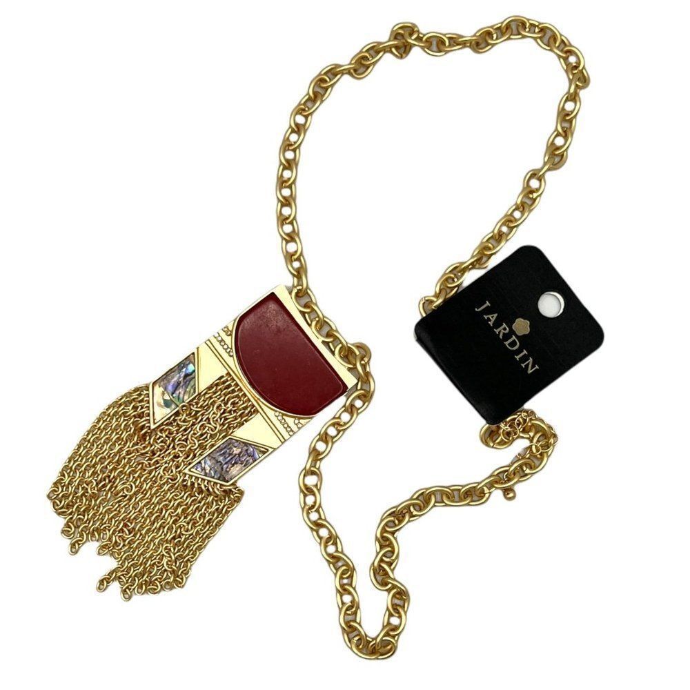 Jardin Gold-Tone Semi Precious Red Turquoise Abalone Fringe Pendant Necklace NEW